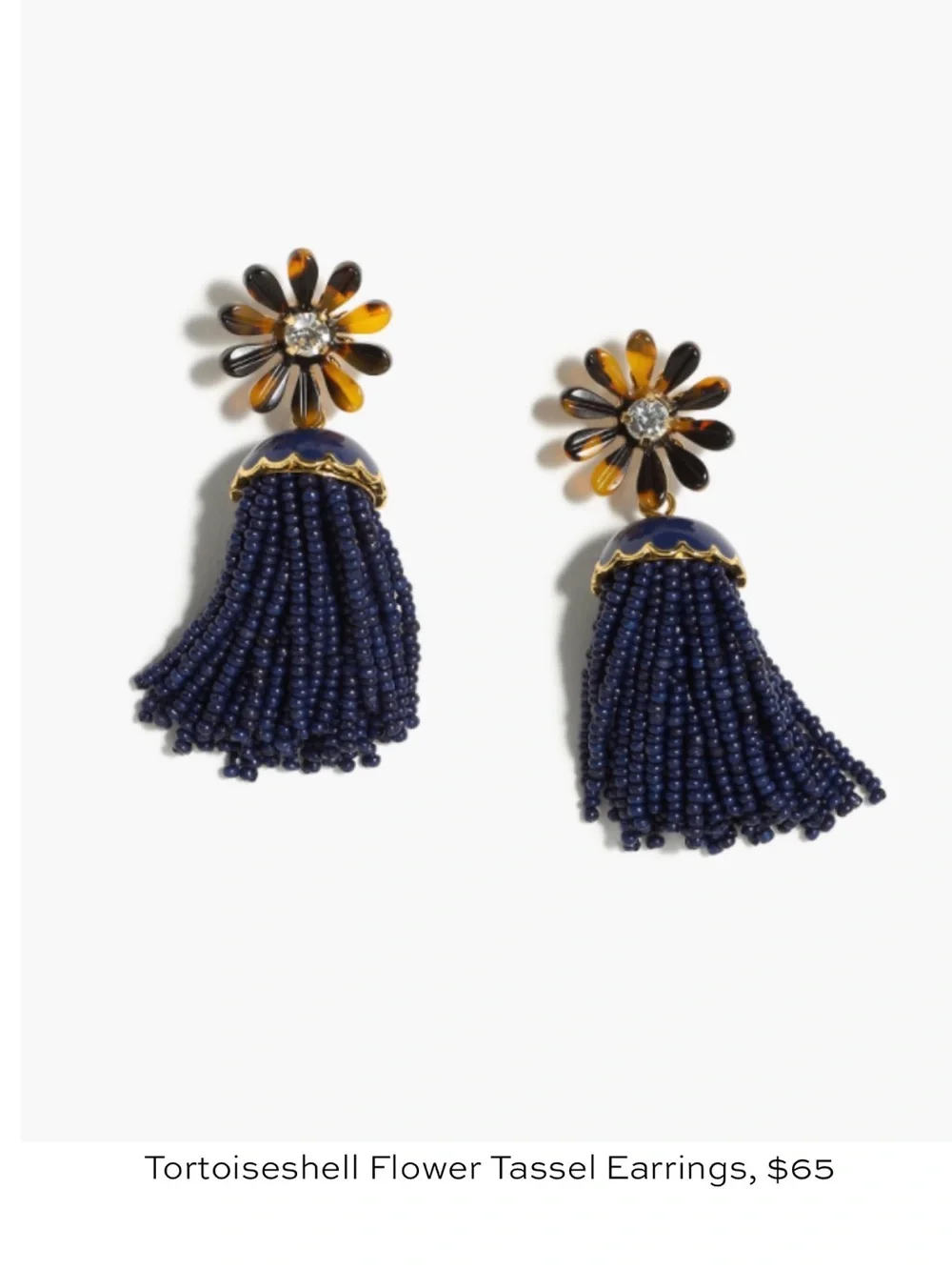 J Crew blue beaded tassel Tortoise Shell flower earrings $65 retail